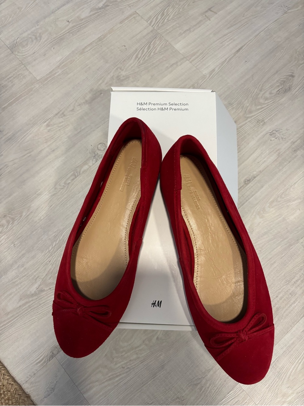 H&M Red Suede Ballet Flats with Bow Detail